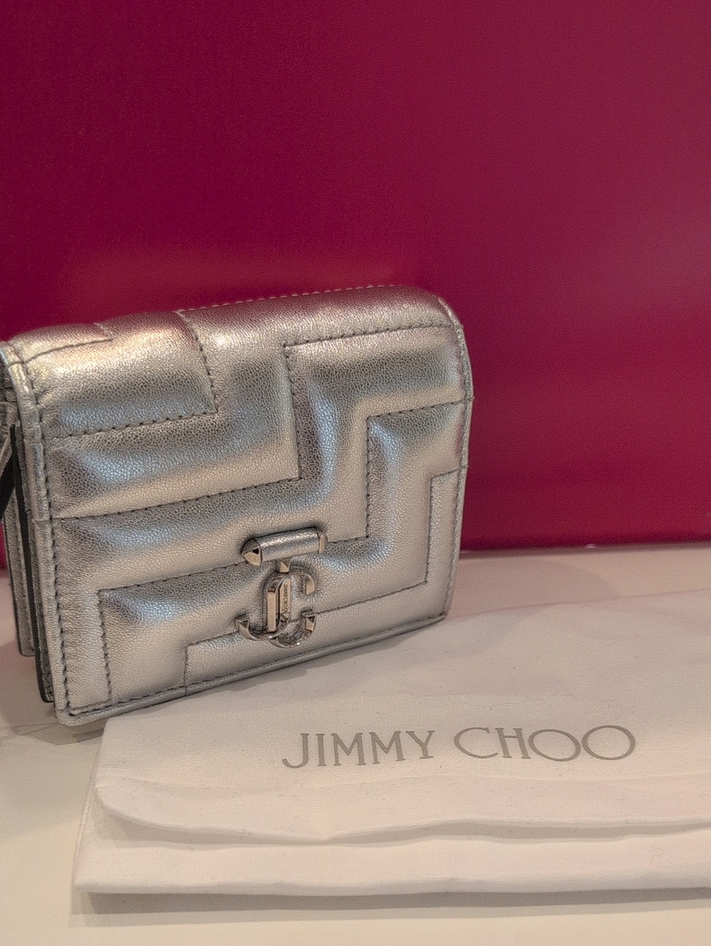 Jimmy Choo Metallic Silver Quilted Leather Mini Wallet